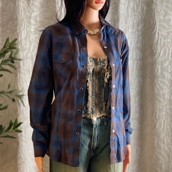 Roper Other - Roper Blue Brown‎ Rodeo Pearl Snap Button Up Shirt Cowgirl Grunge Men's Size M